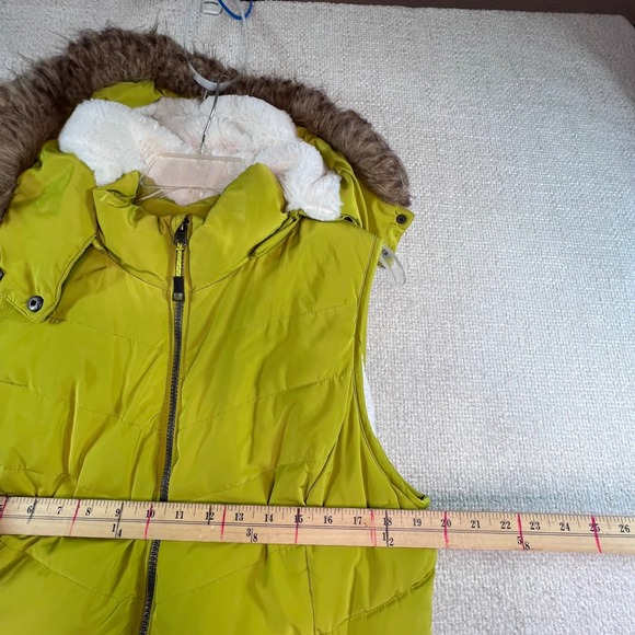 Green Tea Women's Large Puffer Vest Avocado Green Faux Fur Hood Zip - Picture 2 of 9
